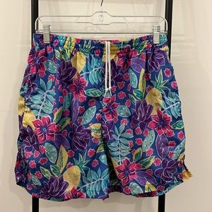 Vintage Bike Floral Elastic Waist Nylon Shorts Men Size M Y2K